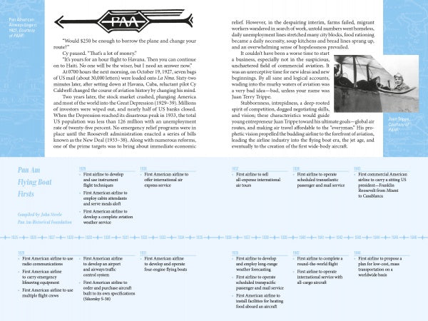 A blue and white pamphlet, "Hunting the Wind" by Schiffer Publishing, Ltd., explores Pan Am flying boats' history with text, a timeline, a quote, black-and-white photos of a plane and pilot, and the Pan Am logo at the top.