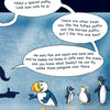A cartoon puffin stands with three penguins as two shadowy figures discuss its cuteness in speech bubbles. The textured blue background gives a charming, children's book feel—ideal for "The Angry Little Puffin" by Schiffer Publishing, Ltd.