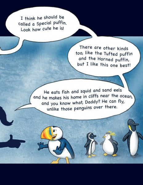 A cartoon puffin stands with three penguins as two shadowy figures discuss its cuteness in speech bubbles. The textured blue background gives a charming, children's book feel—ideal for "The Angry Little Puffin" by Schiffer Publishing, Ltd.