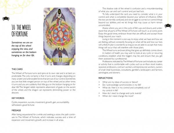 The Wheel of Fortune card from the Shadowland Tarot by Schiffer Publishing, Ltd. is centered on a white page with text detailing its meaning, keywords, message, and reflections. Black spider graphics in the corners evoke themes of healing trauma and transformation.