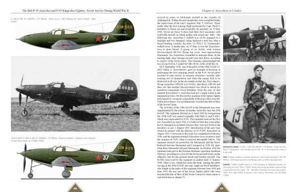 A book spread in "The Bell P-39 Airacobra and P-63 Kingcobra Fighters" by Schiffer Publishing, Ltd. has text and three black-and-white WWII photos: two Soviet aircraft (including a Lend-Lease P-39) and one U.S.-marked plane with its pilot.