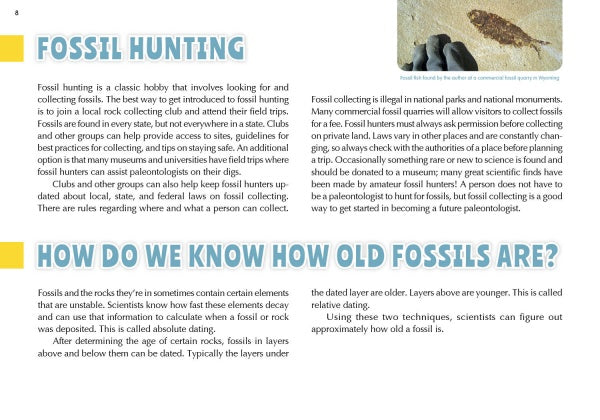 A magazine page about fossil hunting and dating fossils features a hand holding a fossilized leaf in rock. Blue and yellow headings and text blocks make it resemble "The 50 State Fossils" by Schiffer Publishing, Ltd., a colorful kids' guidebook.