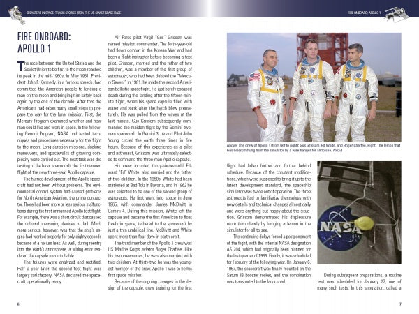 A magazine spread from Schiffer Publishing, Ltd.'s "Disasters in Space" features the Apollo 1 disaster—three suited astronauts stand above a NASA patch, while the left page covers details of the tragic fire.