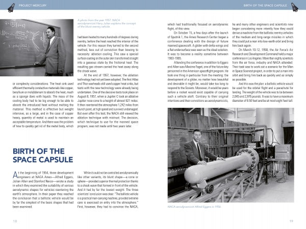 Two pages from "Project Mercury" by Schiffer Publishing, Ltd. feature black-and-white photos of engineers in labs and at chalkboards, with detailed text on early manned spaceflight and the beginnings of the NASA Mercury program.