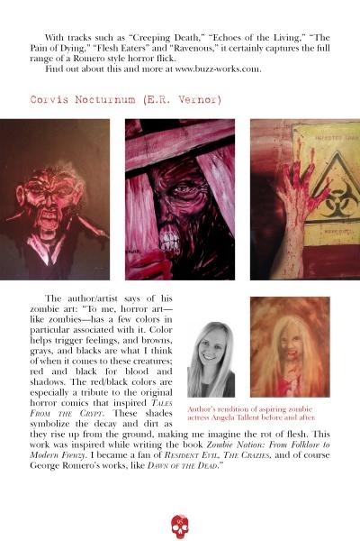 A magazine page for Zombie Nation by Schiffer Publishing, Ltd. shows unsettling red-toned zombie art, a smaller female portrait, and text exploring pop culture zombies, artist Anton's inspiration, and films like The Walking Dead.