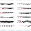 Meditative Zendoodles by Schiffer Publishing, Ltd. features 12 labeled rows of decorative border patterns—like Scissors, Honeycomb, and Sheet Music—in black, white, and red, ideal for zendoodling and relaxation through drawing.