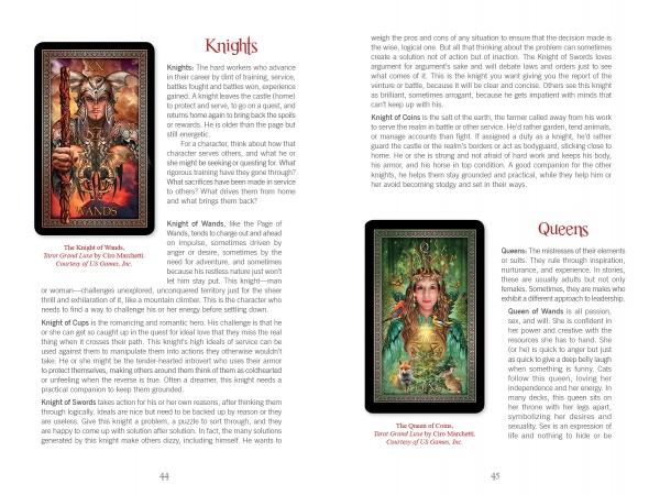 Two open book pages from "Tarot for the Fiction Writer" by Schiffer Publishing, Ltd. feature “Knights” and “Queens,” with card meanings and imagery—a helmeted knight and a crowned queen in nature—ideal for writers using tarot.