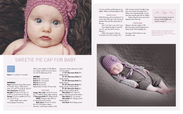 A baby in a pink cap made with patterns from "Knitting for Little Sweethearts" by Schiffer Publishing, Ltd. gazes upward; below, the baby sleeps on a gray blanket. Knitting instructions for this adorable children's item appear beside the images.