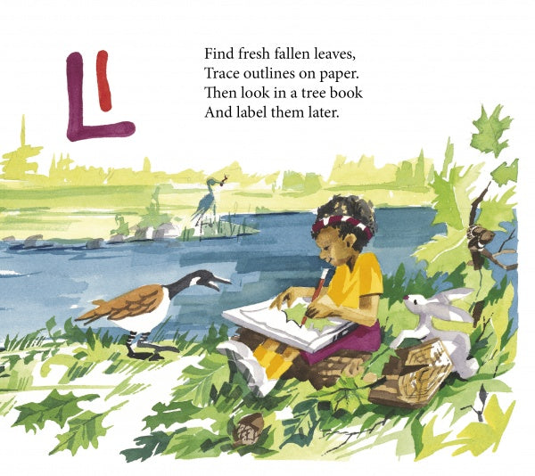 A child creates a leaf drawing for an outdoor ABC book in Schiffer Publishing’s Camp ABC, sitting by a pond with plants, a goose, and a white rabbit. Red “L” and tracing instructions appear above for labeling the leaves.