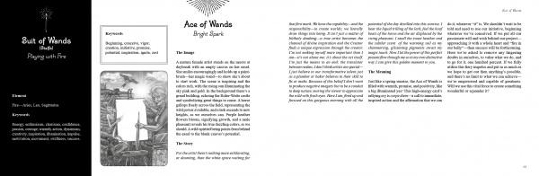 A book spread from The Everyday Enchantment Tarot by Schiffer Publishing, Ltd. showcases the Ace of Wands: grayscale card art and keywords on the left, with in-depth meaning and interpretation on the right page.