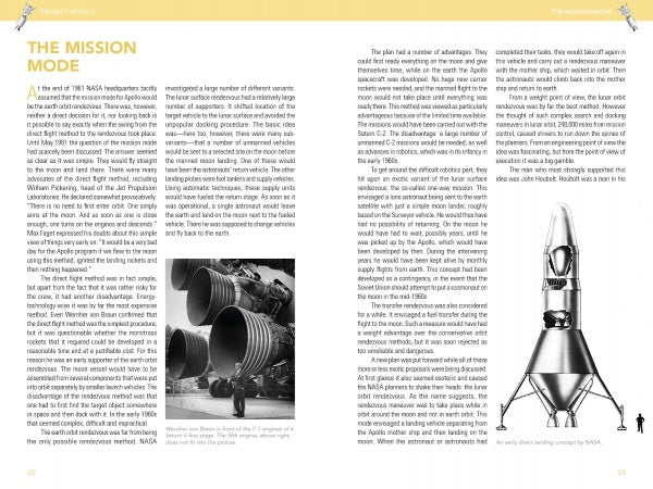 A two-page spread from "Project Apollo" by Schiffer Publishing, Ltd. highlights NASA's mission mode, featuring a black-and-white photo of a person beside rocket engines on the left and a technical rocket illustration on the right.