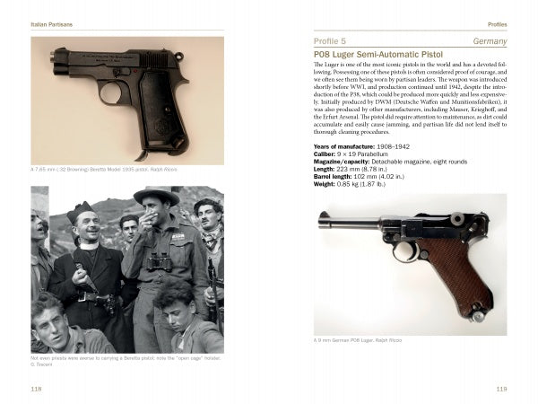 A spread from *Italian Partisan Weapons in WWII* by Schiffer Publishing, Ltd. shows a Beretta Model 1934, WWII partisans, and a Luger P08 pistol with specs and description.