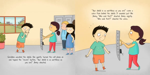 In a school hallway, Geraldine from Schiffer Publishing’s "Geraldine and the Anti-Bullying Shield" holds a silver shield as a surprised boy and two girls watch, reflecting creative thinking from the children’s storybook.