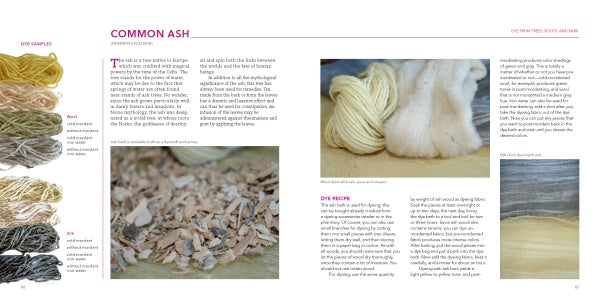 A two-page spread from Schiffer Publishing, Ltd.'s "Natural Dyeing with Plants," showcasing yarn and fiber samples in yellow, tan, and gray, close-ups of wood chips, and text on coloring plants and dyeing techniques.