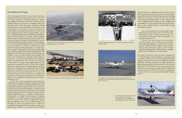 Training the Right Stuff" by Schiffer Publishing, Ltd. is a two-page spread showcasing historical airplane text, cockpit views, vintage aircraft photos—including the T-33 jet trainer—and captions on military training aircraft history.