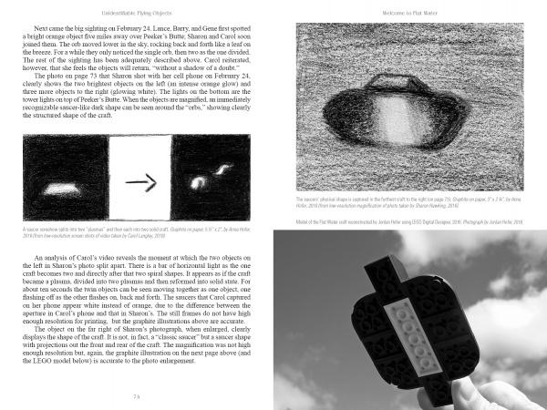 A page from "Unidentifiable Flying Objects" by Schiffer Publishing, Ltd. shows two black-and-white UFO illustrations, info on sightings, and a hand holding a UFO-shaped LEGO model against a blue sky with clouds.