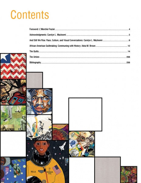 The table of contents page in "And Still We Rise" by Schiffer Publishing, Ltd. features colorful quilt-themed art, including African American quilts and portraits, listing Foreword to Bibliography, with pages from 4 to 108.