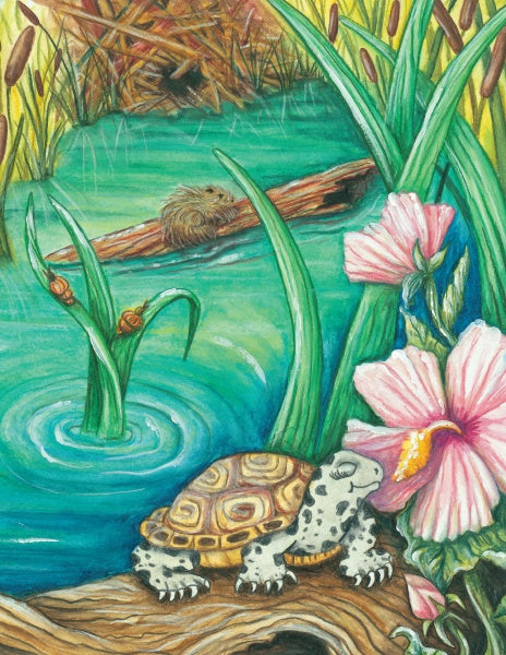 On the cover of *Jemma's Got the Travel Bug* by Schiffer Publishing, Ltd., a diamondback terrapin rests on a log near pink flowers, as two snails climb a reed and a muskrat perches on another log among tall grass by a Chesapeake Bay pond.