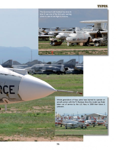 Rows of retired aircraft are displayed in "Desert Boneyard" by Schiffer Publishing, Ltd. The top inset highlights Grumman E-2B Hawkeyes with radar domes; the background features various planes in storage.