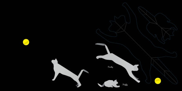 Silhouettes of two Schiffer Publishing, Ltd. Cats chase a yellow ball on black, with motion trails labeled Fritzly and Fluffy. Their outlines suggest speed and playful paper-folding, echoing animated black cats in motion.