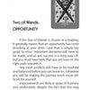 In the Otherworld Tarot by Schiffer Publishing, Ltd., the Two of Wands card signifies opportunity, explained as decision-making, balance, and positive changes in business or career. The guide's page 53 displays this card and its meaning.