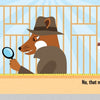A cartoon fox detective inspects a tape measure with a magnifying glass as a goat in glasses and a tie observes. From Schiffer Publishing, Ltd.'s "The Misplaced Toy Hammer," it includes the text: “Is that the hammer?” “No, that’s the tape measure.”.