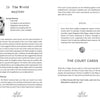 A spread in Intuitive Wisdom by Schiffer Publishing, Ltd. explores The World tarot card's meanings and court cards. Decorative symbols and gray borders enhance the clean design for intuitive Tarot fans.