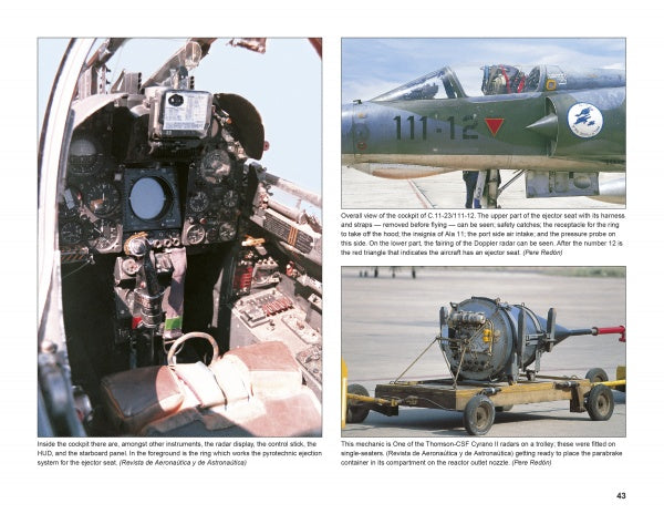 A page from "Marcel Dassault Mirage III" by Schiffer Publishing, Ltd. features four images: cockpit interior, windshield close-up, the jet on the runway, and its engine on a cart, each with captions highlighting technical advances.
