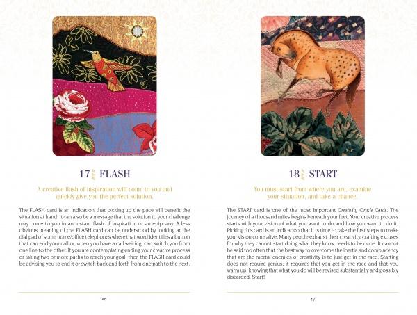 An open guidebook from The Creativity Oracle by Schiffer Publishing, Ltd. displays two pages with vibrant cards: 17 FLASH shows a hummingbird and flowers; 18 START depicts a horse. Text is printed beneath each illustration.