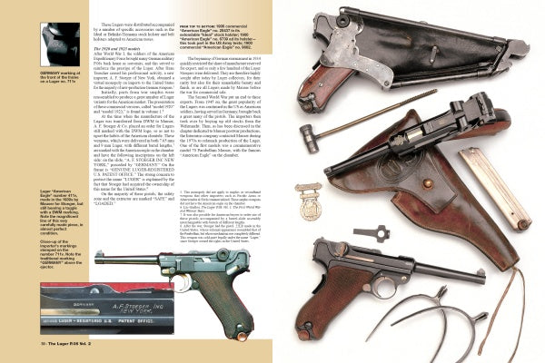 A magazine page showcases Schiffer Publishing, Ltd.'s "The Luger P.08, Vol. 2," featuring images of three P.08 Lugers with accessories on the right and German army text plus firearm history photos on the left.
