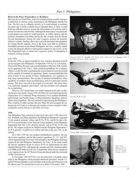 A magazine page about WWII in the Philippines from Schiffer Publishing, Ltd.'s "The 5th Fighter Command in World War II" features four black-and-white photos: military officers, Secretary PAF, a Boeing P-26 in flight, and a sitting officer.