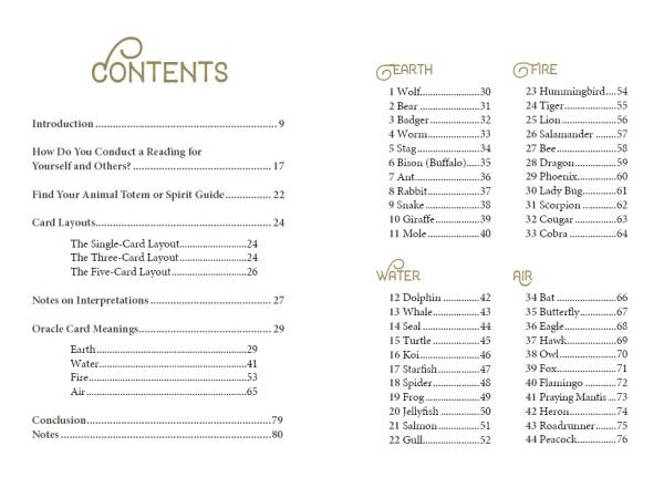 Table of contents page for The Wild Elemental Oracle by Schiffer Publishing, Ltd., featuring sections and page numbers for animal totems, grouped into Earth, Water, Fire, and Air. Decorative swirls guide readers to each spirit animal.
