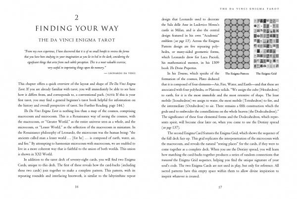 Two pages from the Da Vinci Enigma Tarot by Schiffer Publishing, Ltd. highlight a quote, card layouts, and images titled The Enigma Pattern and The Enigma Grid—ideal for anyone using this tarot guidebook or deck.