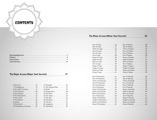 The table of contents from "My First Relationship Tarot" by Schiffer Publishing, Ltd. features a stylish CONTENTS header, organized sections for Major Arcana, Minor Arcana, and acknowledgements—all in a clean monochrome design.