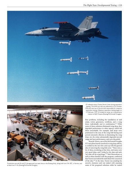 An F/A-18E/F Super Hornet streaks through the sky, firing missiles, while below, workers assemble jets in a busy hangar. Columns of text line the page’s right side. Product: The Boeing F/A-18E/F Super Hornet & EA-18G Growler by Schiffer Publishing, Ltd.