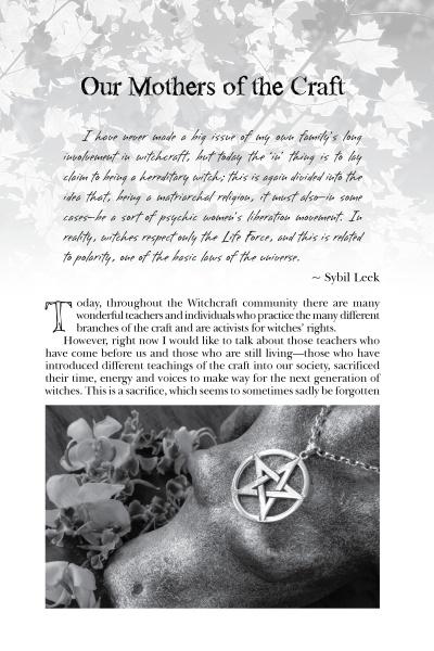 A close-up of a torso with a large pentagram necklace, set against leaves and text about the legacy of mothers in Paganism, as featured in "Witches and Witchcraft in the 21st Century.