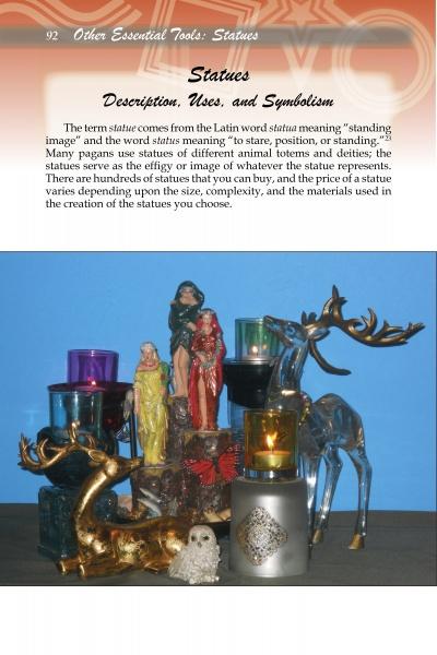 A collection of decorative statues, as seen in "Sacred Objects, Sacred Space" by Schiffer Publishing, Ltd., is artfully arranged with candles in a display reminiscent of witchcraft magickal tools.