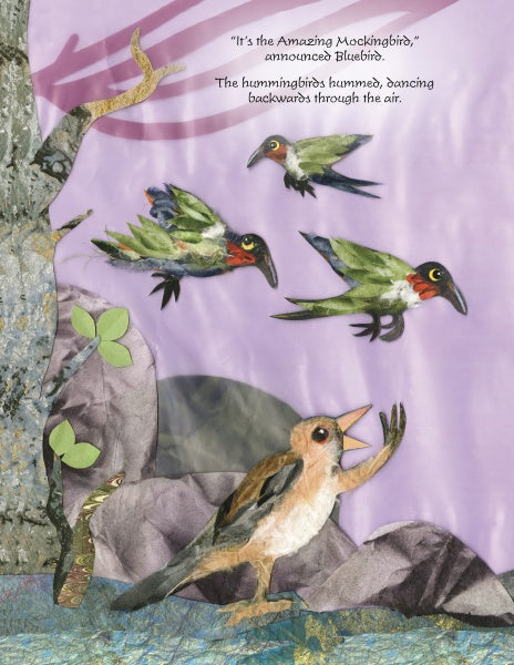 A collage-style illustration from "Song for Papa Crow" by Schiffer Publishing, Ltd. shows three hummingbirds flying above a singing bird on the ground, with pastel purple sky and branches—perfect for early readers ages 5-8.