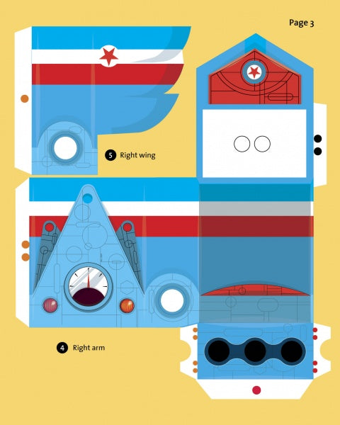 Super Robot by Schiffer Publishing, Ltd. is a colorful paper cutout template with North Korean flag-inspired shapes and labels like “Right wing” and “Right arm”—great for boosting visual-spatial skills.