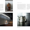 A two-page spread from Cast (Schiffer Publishing, Ltd.) highlights modern craft: left, white fabric drapes create a tunnel in an industrial space; right, a reflective silver sculpture made via advanced casting stands against a gray wall. Text and credits above.
