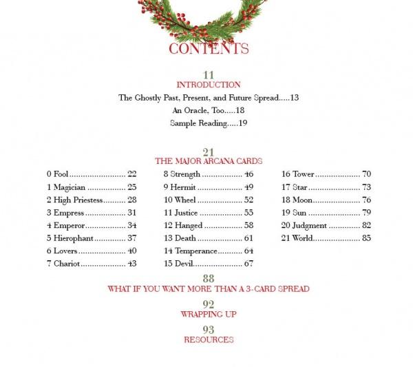 Table of contents page with a festive wreath atop. Sections cover A Christmas Tarot by Schiffer Publishing, Ltd.: major arcana meanings, 3-card spreads, and resources—ideal for exploring this Majors-only Tarot deck. Page numbers included.