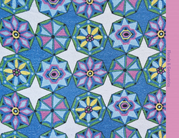 Terry Cloth by Schiffer Publishing, Ltd. features geometric hexagons and star-shaped floral patterns in blue, green, yellow, pink, and white on a blue background, with “Florals & Geometrics” displayed on the right side.
