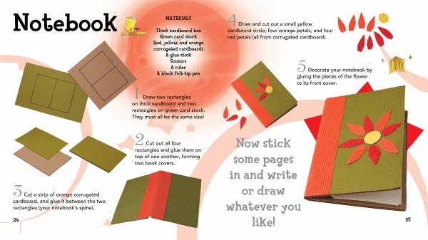 Create a homemade notebook with Schiffer Publishing, Ltd.’s Cardboard using this illustrated five-step guide featuring cutouts, assembly, and flower decoration—ideal for improving kids’ fine motor skills with clear instructions.
