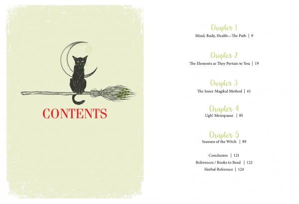 A contents page from "The Healthy Witch" by Schiffer Publishing, Ltd. features a black cat on a broomstick before a crescent moon, with five chapters and sections listed at right, green and black page numbers, ideal for any holistic witchy workbook.