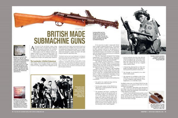 A magazine spread titled “BRITISH MADE SUBMACHINE GUNS” from Schiffer Publishing, Ltd.'s book "The Sten" features a vintage STEN submachine gun, a WWII soldier holding it, and smaller photos with historical info on British elite forces.