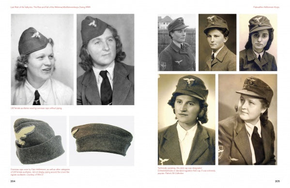 A collage from "Last Ride of the Valkyries" by Schiffer Publishing, Ltd. showcases WWII German female auxiliaries in uniform, with black-and-white and sepia photos featuring close-ups of Wehrmachthelferinnenkorps caps.