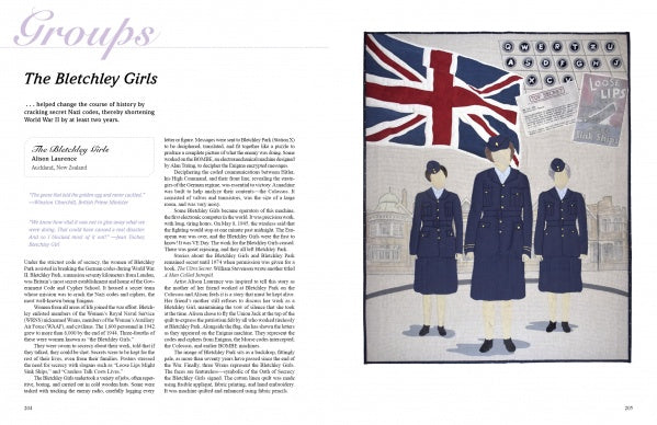 A HERstory Quilts spread by Schiffer Publishing, Ltd. features text beside an illustration of four remarkable women in blue WWII uniforms, a large British flag, and wartime imagery in the background.