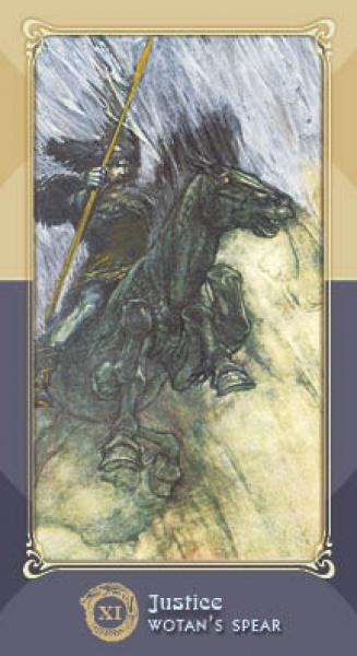 A stylized tarot card from Schiffer Publishing, Ltd.’s The Ring Cycle Tarot shows a long-haired figure riding a dark horse with a spear, labeled Justice – Wotan’s Spear, with swirling colors inspired by the Ring of the Nibelung.