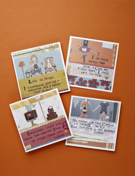Four illustrated cards with witty, motivational quotes from "Today's Top Stationery Artists" by Schiffer Publishing, Ltd. are displayed on an orange surface, each with unique characters and creative decorative elements beneath typed text.