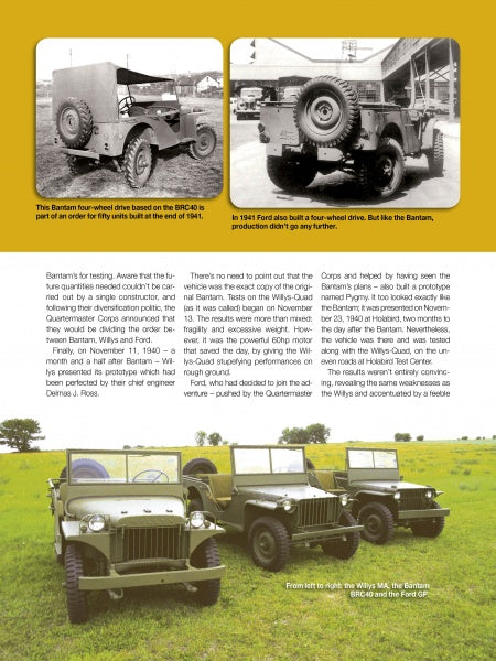 A page from "The Jeep: History of a World War II Legend" by Schiffer Publishing, Ltd. showcases vintage WWII Jeep photos, a color image of green Jeeps in a field, and text detailing the origins and evolution of these 4WD vehicles.